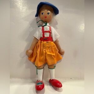 Vintage 7” Wooden Jointed Peg Doll Girl Poland Folk Art Red Hat & Shoes